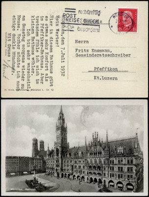 Germany REICH 1932 Old postcard stationery Munich to Pfeffikon - Slogan D.908 foto