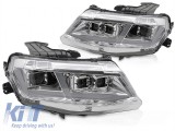 Set de faruri LED de tuning potrivit pentru Chevrolet Camaro 2016-2018 cu baza cromata, cu semnale de &icirc;ntoarcere dinamice, pentru modelul cu lumini DR