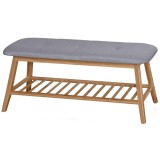 Bancheta cu suport pentru pantofi HM ST15, lemn masiv, stofa, capacitate 10 perechi, gri natur