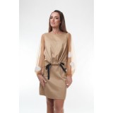Bluza eleganta bej cu maneci lungi transparente din tulle fin, 42