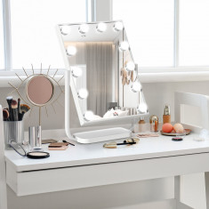 HOMCOM Oglinda pentru make-up, cu iluminare, inclinabila, cu 12 lumini LED si luminozitate reglabila, 32.8Lx11x47.4cm