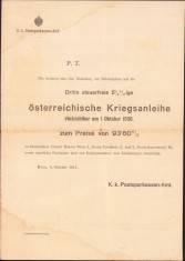 HST A1428 Tipizat 1915 Osterreichische Kriegsanleihe Imprumut razboi foto