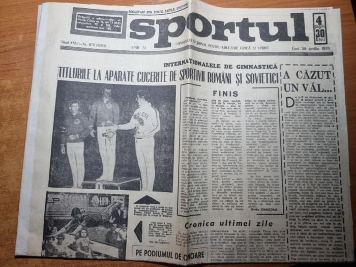 sportul 20 aprilie 1970-fotbal romania URSS,progresul bucuresti,gimnastica,schi