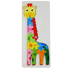 Puzzle 3D educativ incastru Montessori numerotat cu girafa, Onore, multicolor, lemn, 30 x 13 x 1 cm,