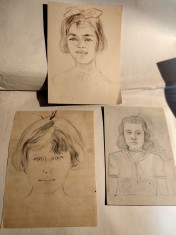 3 portrete de femei, desene in creion foto