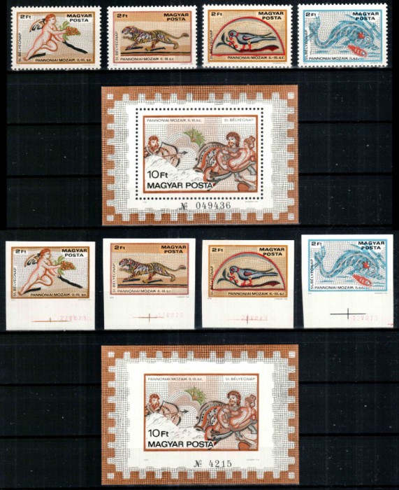 Ungaria 1978, Mi #3310-13 + Bl 134 A+B, Mozaicuri Romane, MNH. Cota 384,50 &euro;!