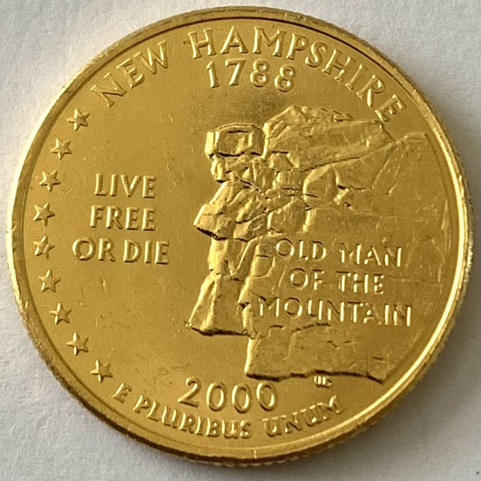 AMERICA QUARTER 1/4 DOLLAR 2000 LITERA D.(Batranul Muntelui-Hampshire)PLACAT AUR