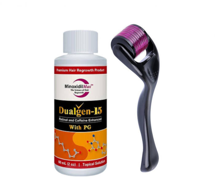 Minoxidil Dualgen 15% cu PG, 1 Luna Aplicare +Dermaroller, Tratament Pentru Barba / Scalp