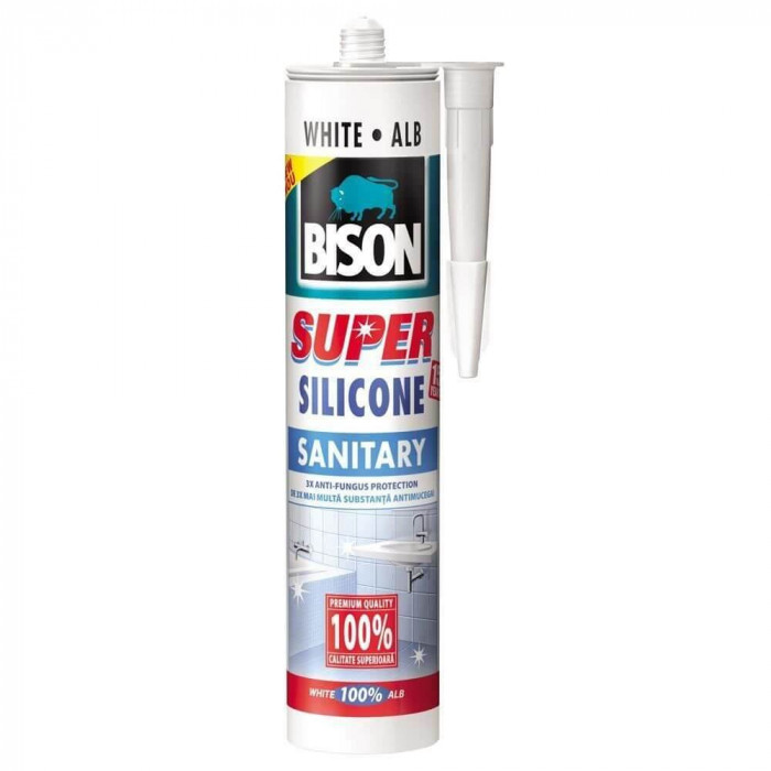 Silicon Sanitar Super Bison, 280 ml, Alb, Mastic Etansare, Bison Super Silicone Sanitary, Silicon Alb Sanitar, Mastic Etanseizant Sanitar, Silicon San