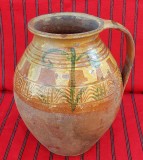 Vas de lut ars de 5 litri cu brau smaltuit si pictat manual, ulcea ceramica traditionala romaneasca 90 ani