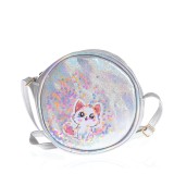 Geanta rotunda argintie cu pisica