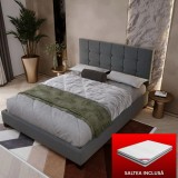 Set pat tapitat Modern cu saltea ortopedica inclusa, cadru din lemn, culoare Gri