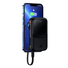 Powerbank Baseus 10,000 mAh cu Cablu Integrat Lightning + Cablu USB-A la Type-C, PD QC3.0, 3A, 20W, PPQD020001, Negru
