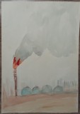 Scena cu incendiu// acuarela nesemnata
