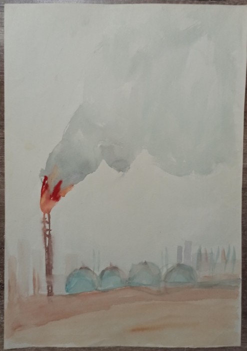 Scena cu incendiu// acuarela nesemnata