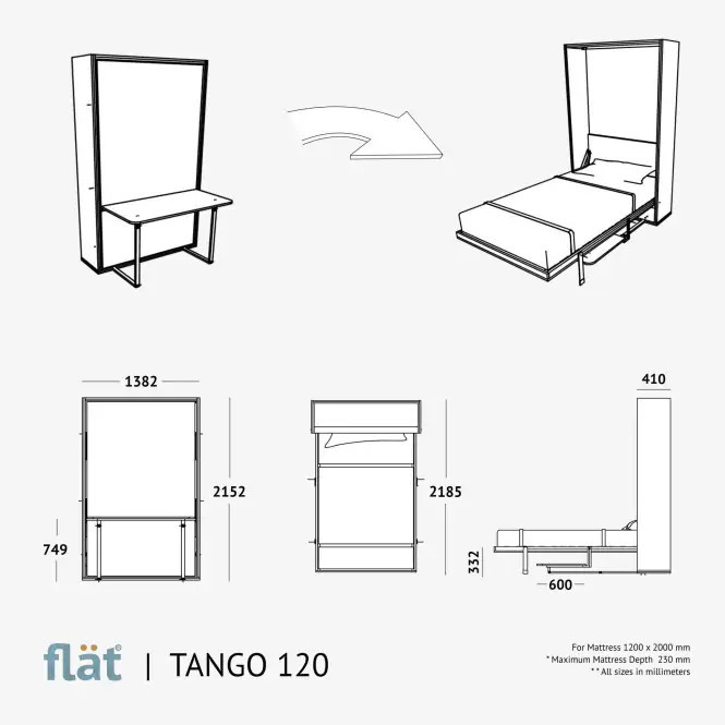 Pat rabatabil cu birou TANGO 120 FLAT 900mm x 2000mm pal vanilie