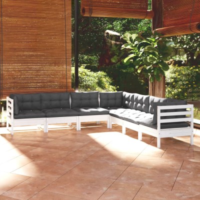 vidaXL Set mobilier grădină cu perne, 7 piese, alb, lemn masiv de pin 3096792 foto