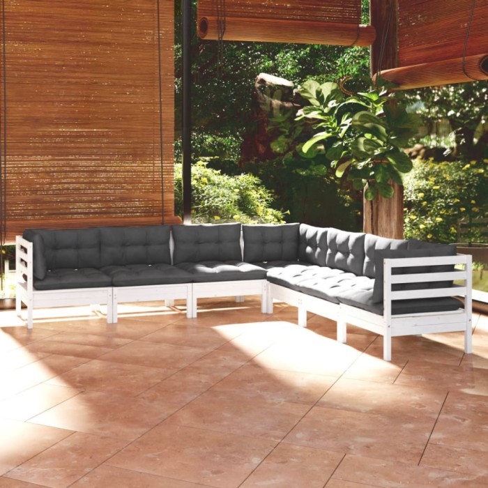 vidaXL Set mobilier grădină cu perne, 7 piese, alb, lemn masiv de pin 3096792