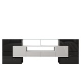 Dulap TV cu iluminare LED, suprafețe din sticlă, cu 6 uși, 2 sertare și 3 compartimente, 145x30x51 cm, Alb+Negru