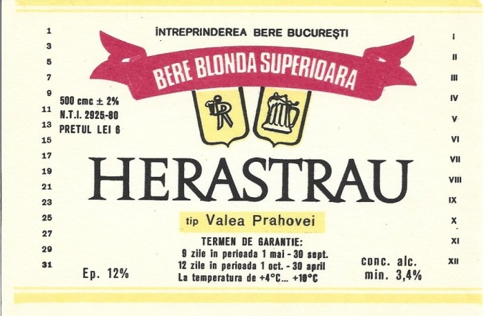 NI484 Etichetă bere superioară Herăstrău, tip Valea Prahovei, &Icirc;ntreprinderea Bere București