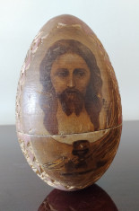 Ou din lemn, sculptat pictat Isus secol XIX sau XX ? 15x9 cm foto