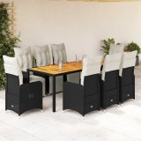 Set bistro de grădină, 9 piese, cu perne, negru, poliratan