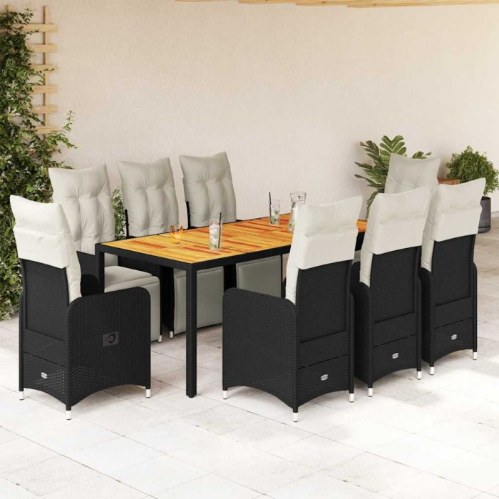 Set bistro de grădină, 9 piese, cu perne, negru, poliratan