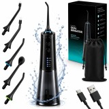 Irigator Bucal Portabil, Dus Bucal Fara Fir, 5 Programe, 8 Niveluri Intensitate, 5 Capete, Rezervor 300ml, IPX7, USB, Negru