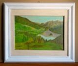 Lac de munte - pictura originala ulei pe panza, tablou cu passepartout 49x42cm, Peisaje, Impresionism