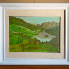 Lac de munte - pictura originala ulei pe panza, tablou cu passepartout 49x42cm