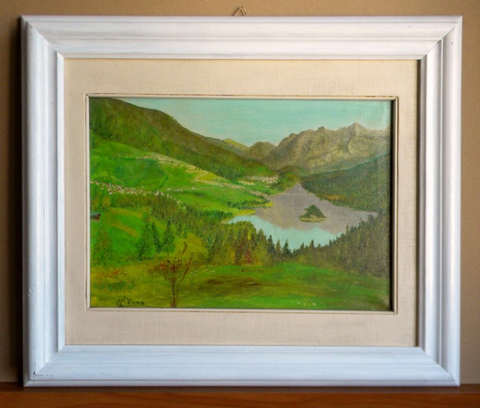 Lac de munte - pictura originala ulei pe panza, tablou cu passepartout 49x42cm