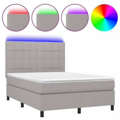 Pat cu arcuri, saltea si LED, gri deschis, 140x190 cm, textil foto