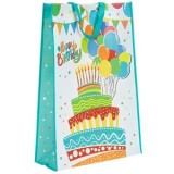 Sacosa cadou din PP, Alba, cu Model Tort si Baloane Happy Birthday, 49x18x70cm, CMCLASS
