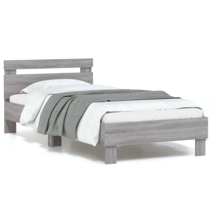 vidaXL Cadru de pat cu tăblie și lumini LED, gri sonoma, 90x190 cm 838748