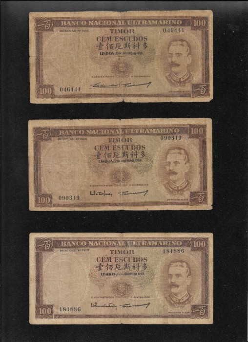 Rar! Set Timor Timorul de Est 6 x 100 escudos 1959 toate semnaturile