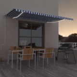 Copertină automată cu LED&amp;senzor v&acirc;nt, albastru&amp;alb, 500x350 cm