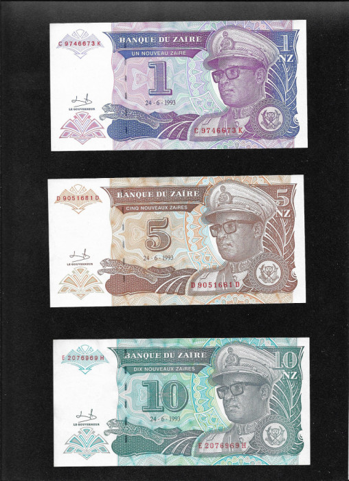 Set Zair 1 + 5 + 10 nouveaux zaires 1993 unc