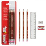 Set Schițe școlare, Multicolor, 11 Piese, Include Creioane cu Radieră, Riglă 15 cm, Ascuțitoare, Oem