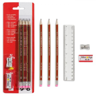 Set Schițe școlare, Multicolor, 11 Piese, Include Creioane cu Radieră, Riglă 15 cm, Ascuțitoare foto