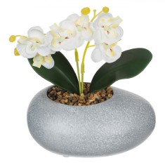 Ghiveci Flori Decorativ, Model Orhidee, Flori Artificiale, 14x12x18cm, Alb