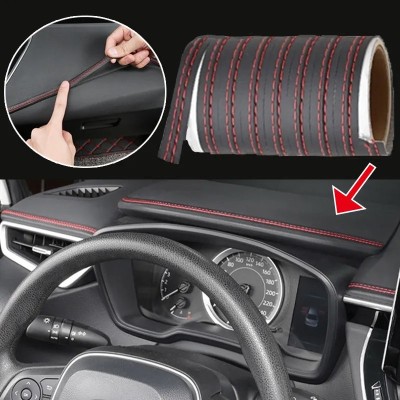 Banda decorativa pentru interiorul vehiculului, lungime 2m, din piele ecologica, culoare Neagra + cusatura Rosie foto