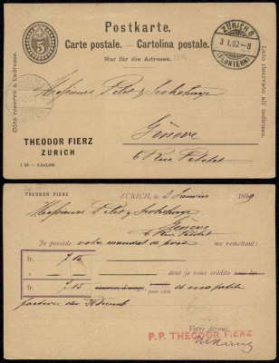 Switzerland 1900 Old postcard postal stationery Zurich to Geneve DB.130 foto
