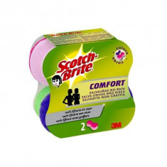 Bureti SCOTCH BRITE Confort Delicat de Bucatarie, 2 Buc/Set, Spuma Poliuretanica si Fibra Abraziva, Diferite Culori, Burete din Spuma Poliuretanica, B