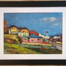 Tablou 1996 Peisaj Iași Case din Valea Adâncă pictura ulei inramat 35x46cm