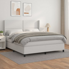 vidaXL Pat box spring cu saltea, alb, 160x200 cm, piele ecologică