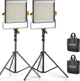 Cumpara ieftin Kit profesional iluminare studio cu 2 panouri LED video, suporturi reglabile, difuzoare si genti transport, lumina bicolora 3200K-5600K, CRI 96+