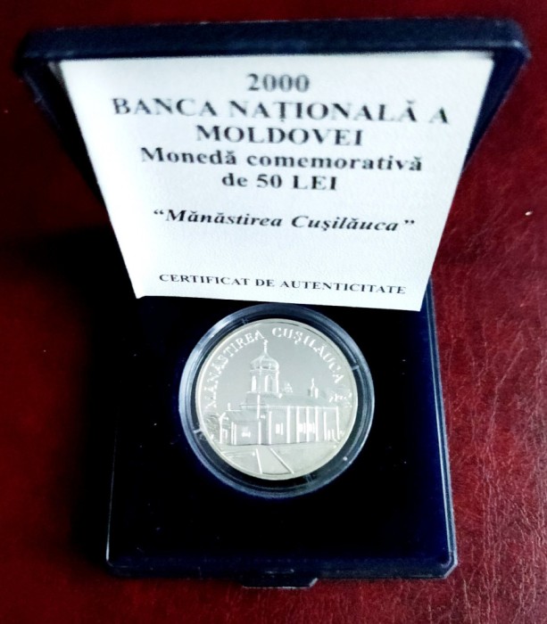 MOLDOVA - 50 Lei 2000 Manastirea Cusilauca - Argint Proof in cutie + certificat