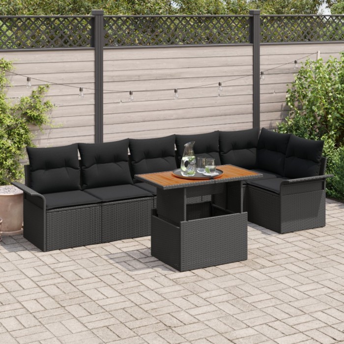 Set canapea gradina Gossi cu 7 piese si perne ratan poli negru, canapea gradina Gossi cu 2 locuri depozitare perne ratan poli negru