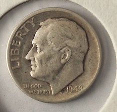 Statele Unite dime 1948 D Roosevelt km # 195 10 Cents SUA moneda argint AG . 900