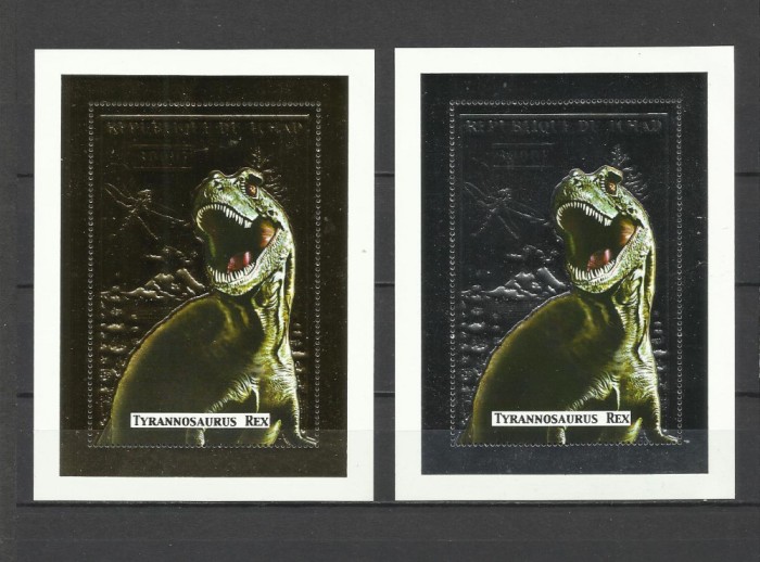 CHAD 2001 ANIMALE PREISTORICE DINOZAURI GOLD AND SILVER FOIL